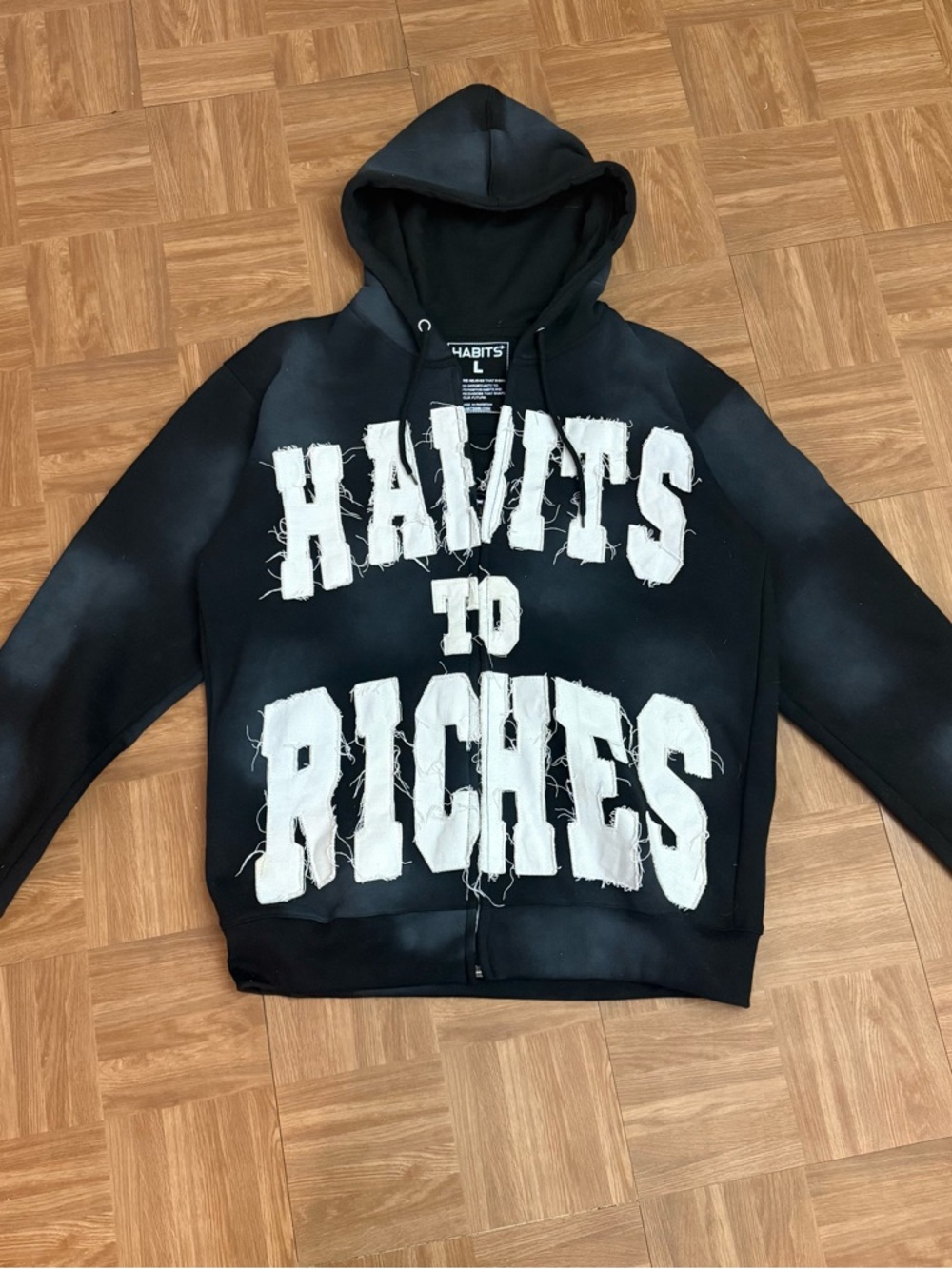 Habits To Riches Black Hoodie with White Appliqué L